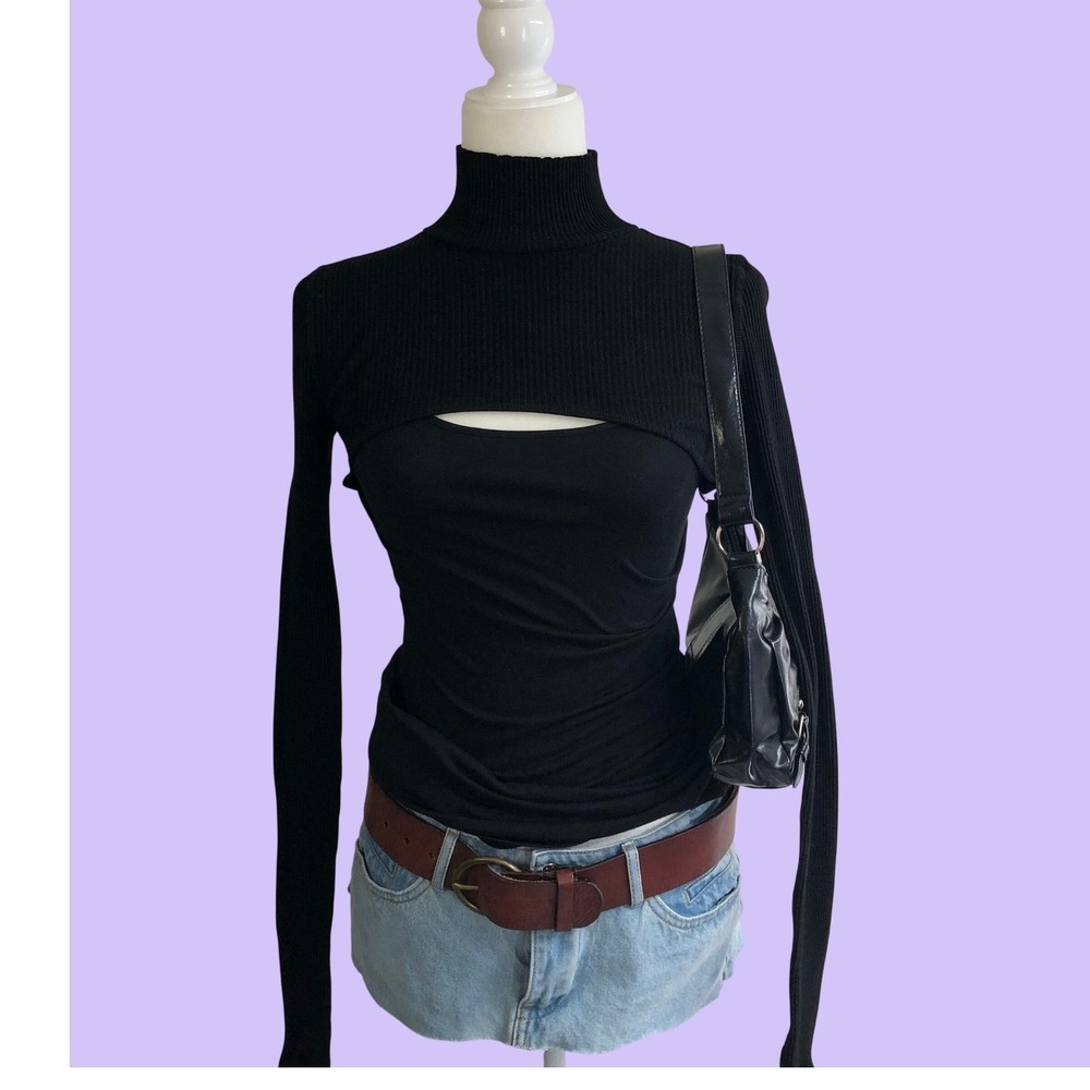 Free People Intimately Black Ribbed Super Crop Turtleneck Shrug Bolero Top M